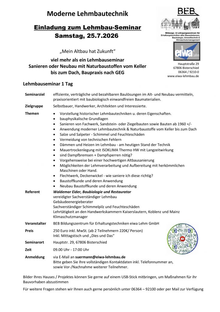 Seminarflyer: Moderne Lehmbautechnik – Mein Altbau hat Zukunft